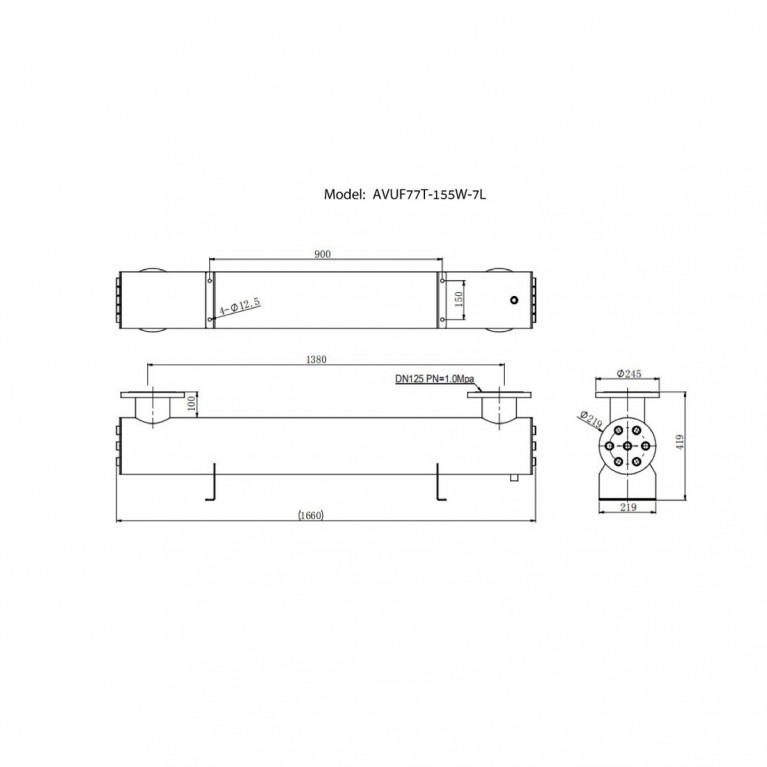 Ультрафиолетовая установка AquaViva AVUF77T, до 85 м3, DN125 1.2кВт (7шт/155Вт)