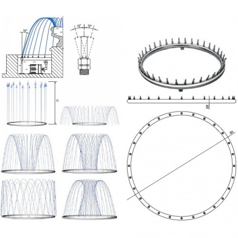 Фонтанное кольцо из нержавеющей стали FL-1000, диаметр 1м на 24 выхода