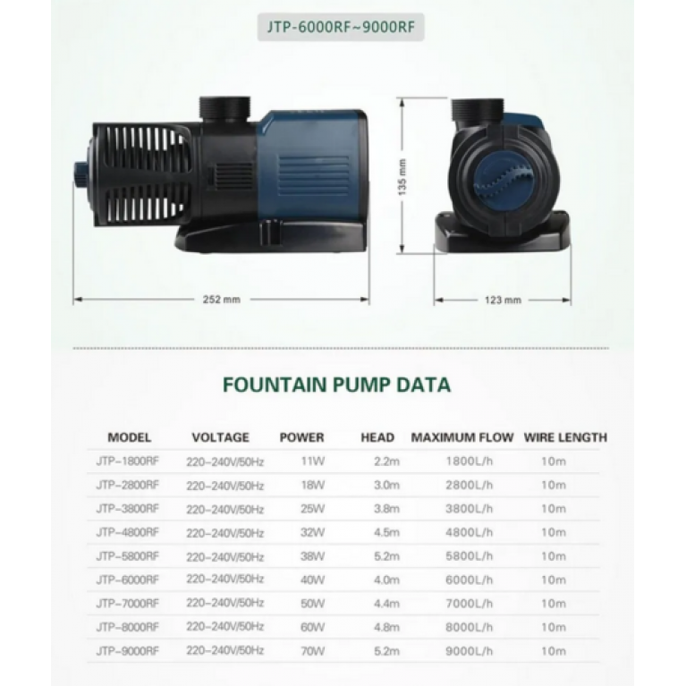 Насос фонтанный JTP-9000RF, 9000л/ч, 5,2м напор, 70вт, 220В, с комплектом фонтанных насадок, с регулятором потока, для создания фонтана, ручья, каскада, ф